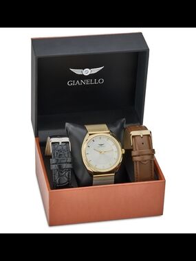 Men's Gold Case Watch with Interchangeable Black and Brown Straps
